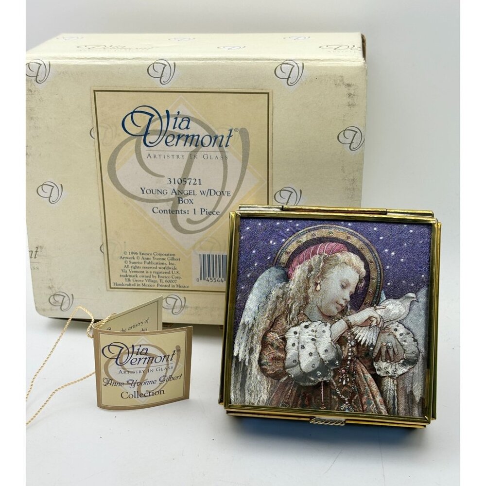 1996 Via Vermont Artistry In Glass Young Angel With Dove Keepsake Box-NEW
